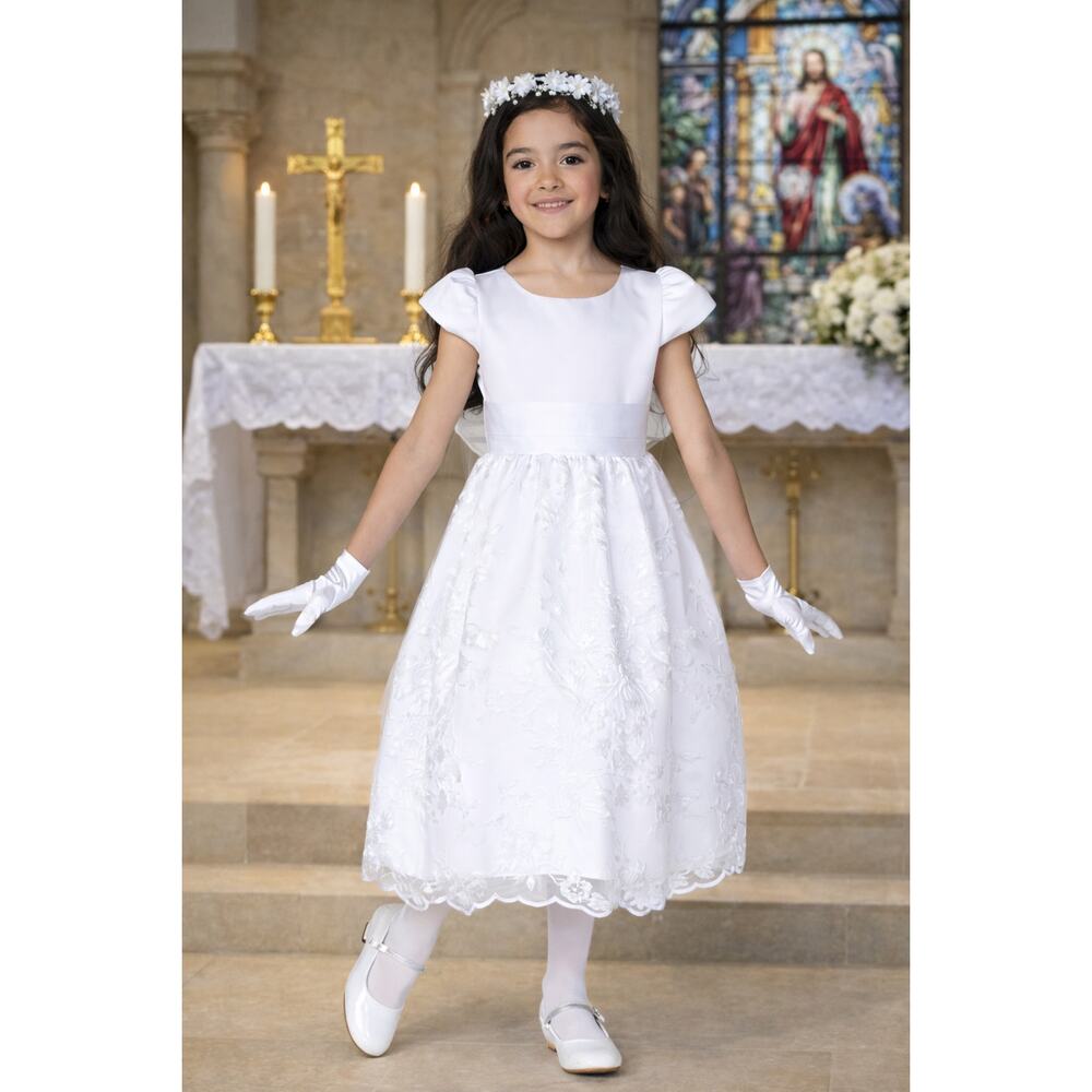 Satin Bodice Embroider Tulle Skirt Sequin Dress - Holy Communion - Size 7